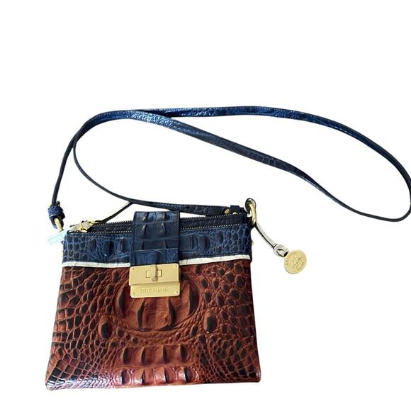 Brahmin Handbags - Brahmin Navy Blue White Brown Leather Crossbody Purse